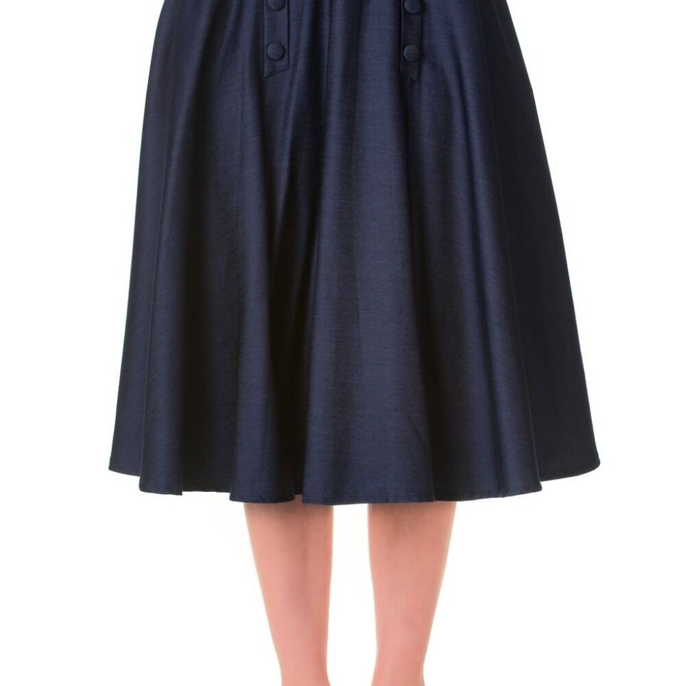 Vintage 60’s High-Waisted Denim Midi Skirt – Double Button A-Line Western Retro - Picture 3 of 4